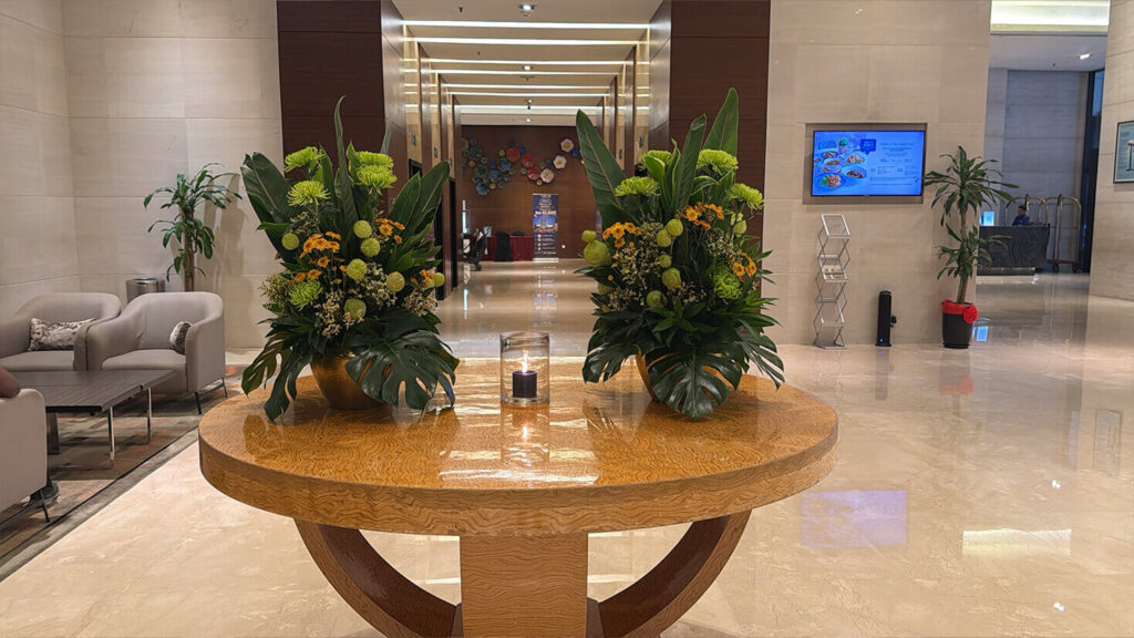 A bright, sparkling lobby welcomes guests into the hotel.