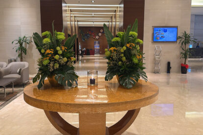 A bright, sparkling lobby welcomes guests into the hotel.